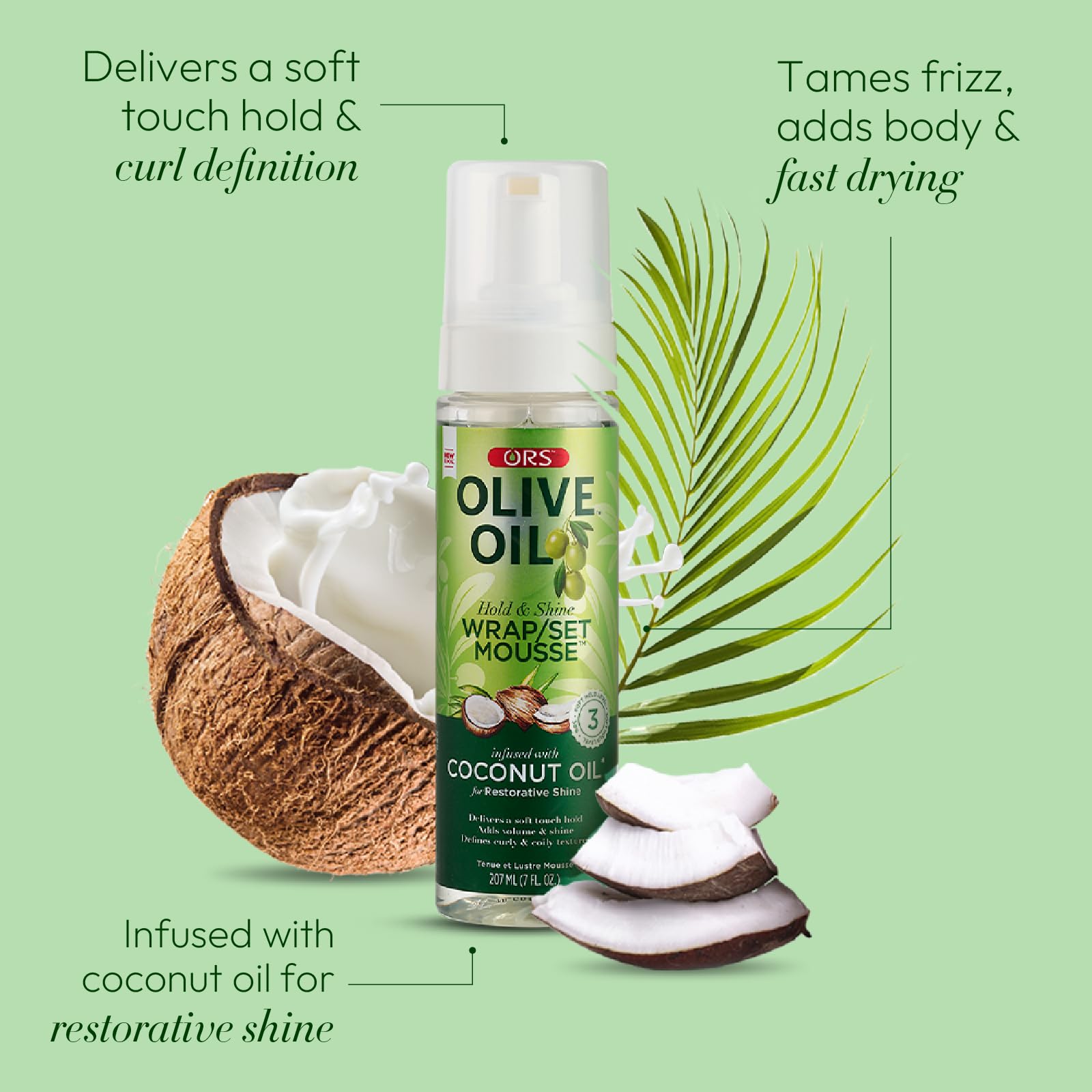 Back label of the seven ounce ORS wrap set mousse bottle with usage instructions.