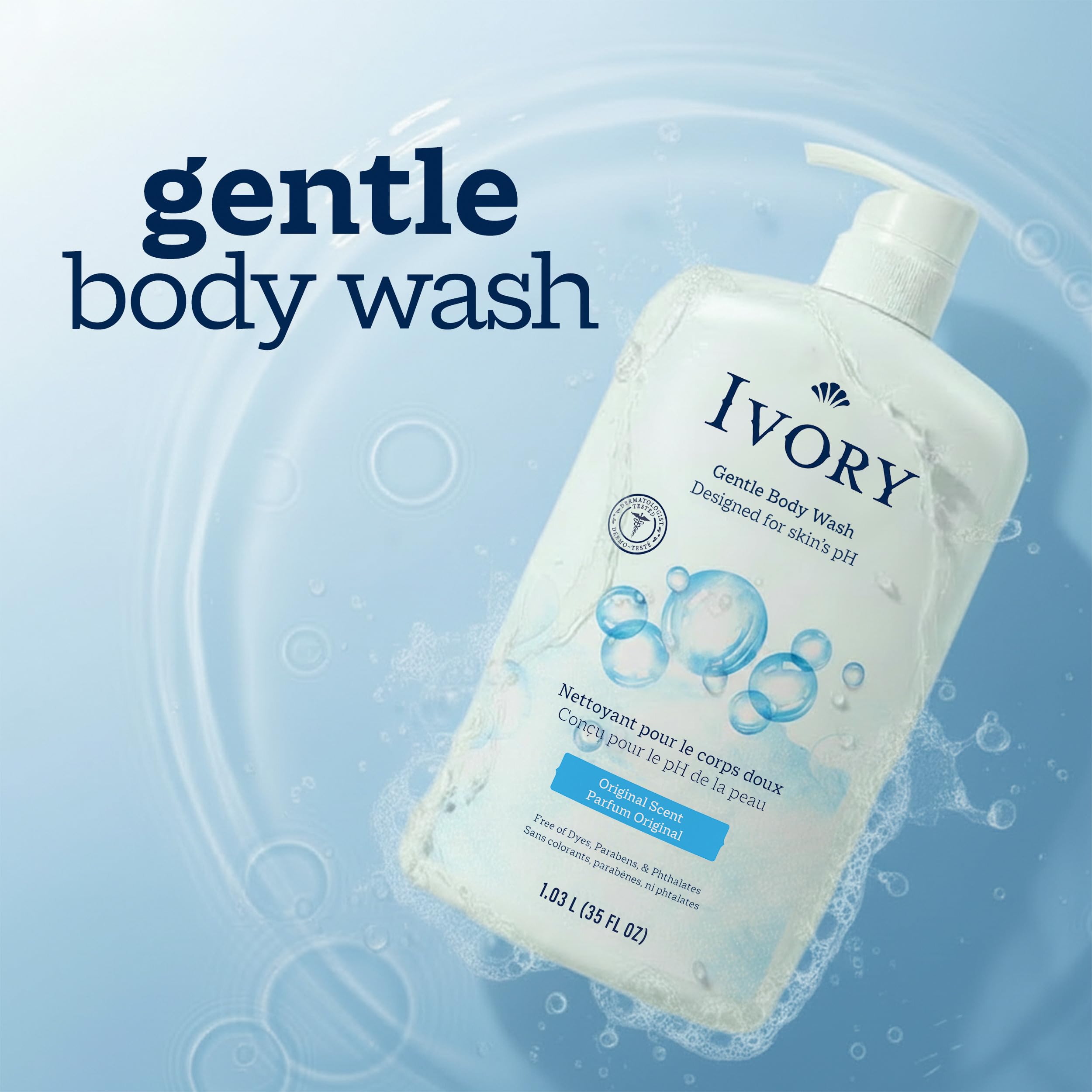 Ivory body wash packaging showing gentle formula benefits