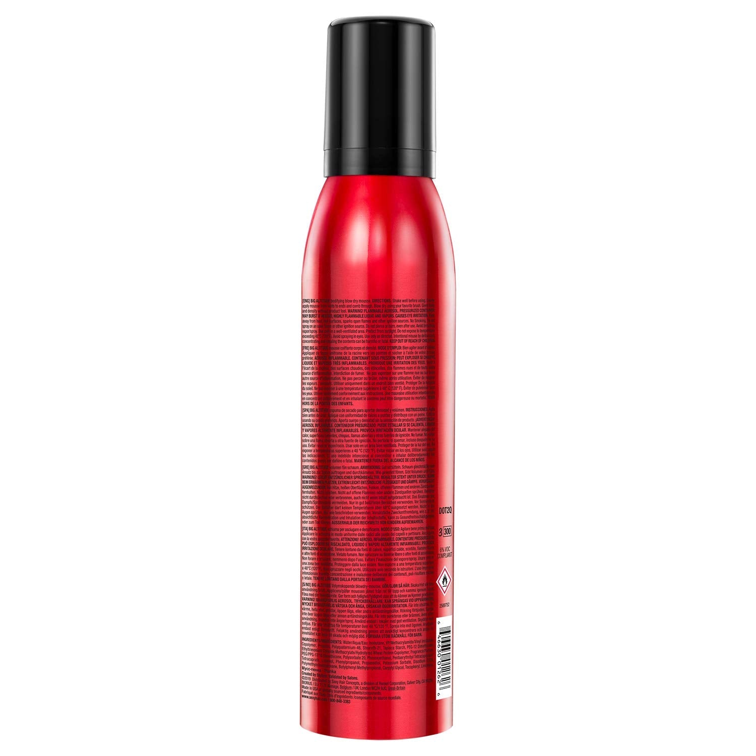 Back label of SexyHair Big Altitude styling foam showing ingredients and usage directions.