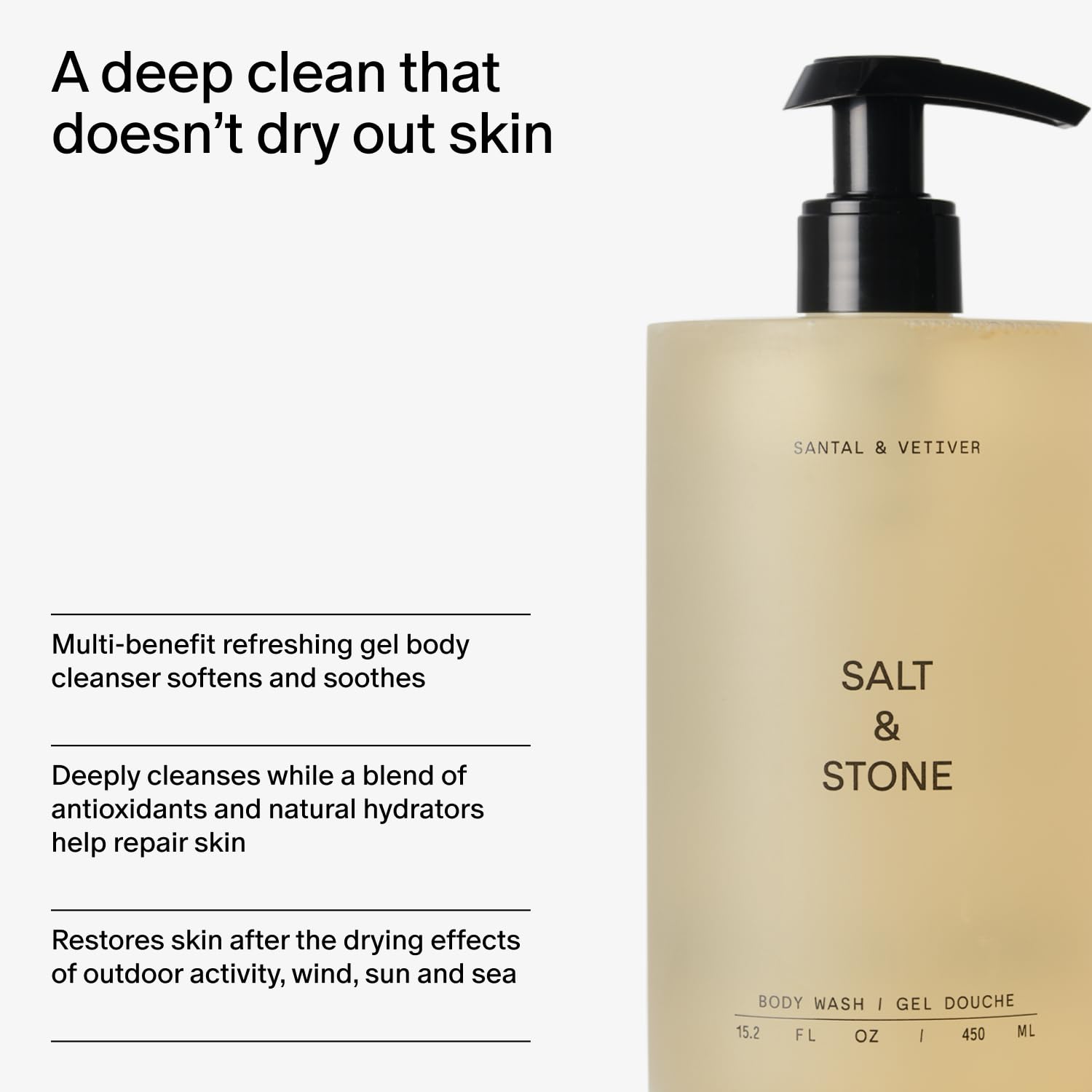 Top down view of Salt And Stone Santal And Vetiver body wash bottle