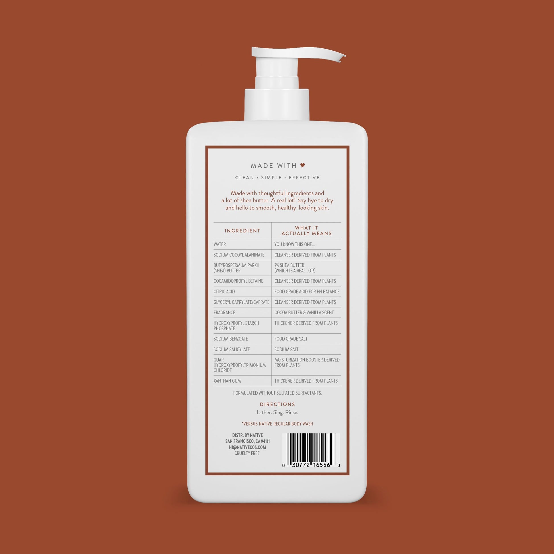 Back label of Native body wash showing ingredients and benefits