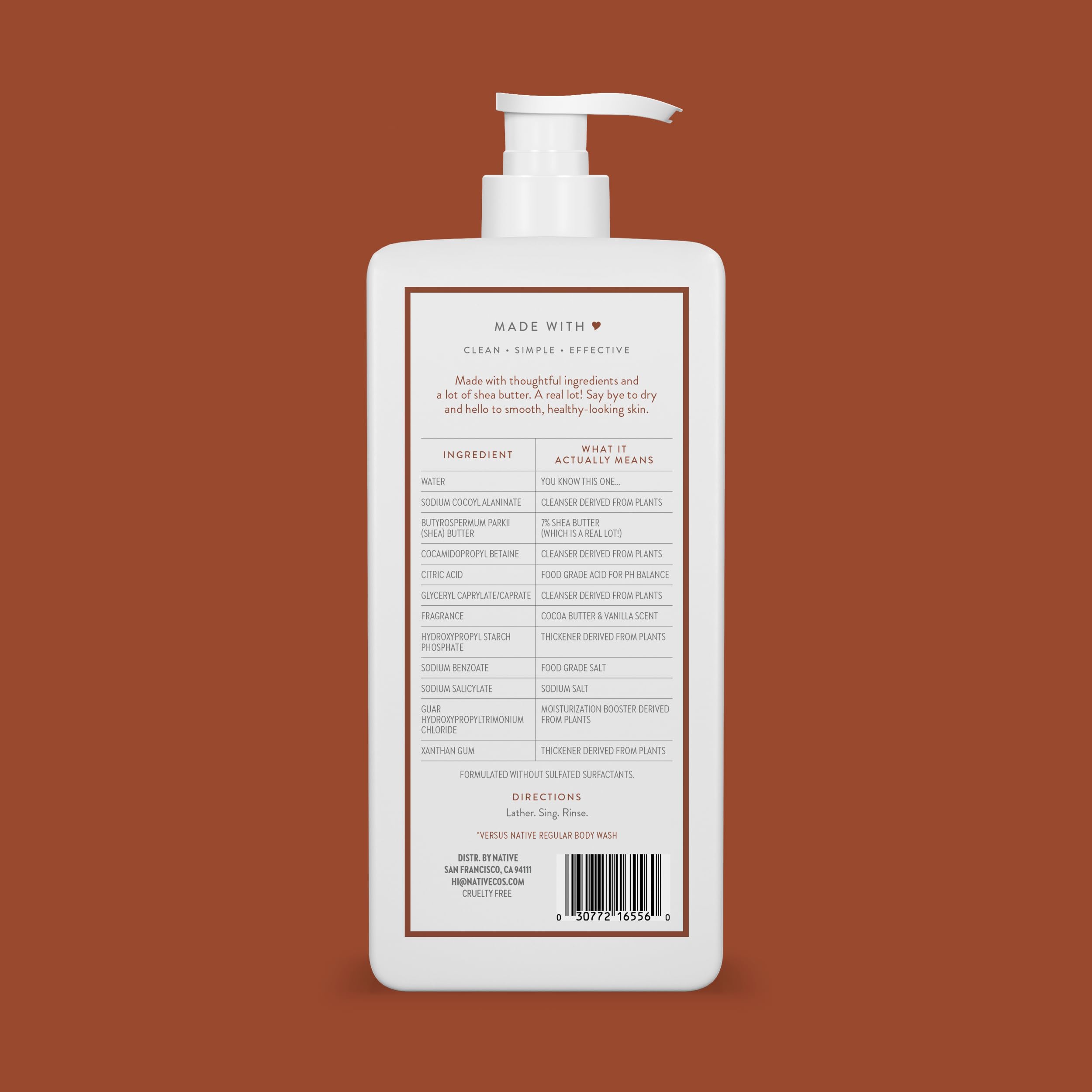 Back label of Native body wash showing ingredients and benefits