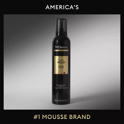 Close up of Tresemme Shaping Mousse 10.5 Ounce bottle labels