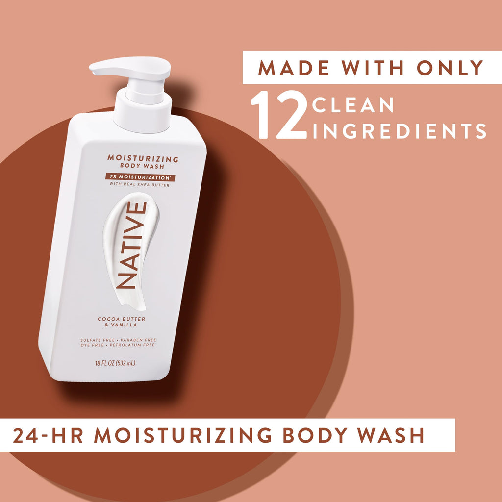 Native cocoa butter vanilla body wash packaging and cap detail