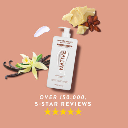 Native cocoa butter and vanilla body wash lifestyle shot