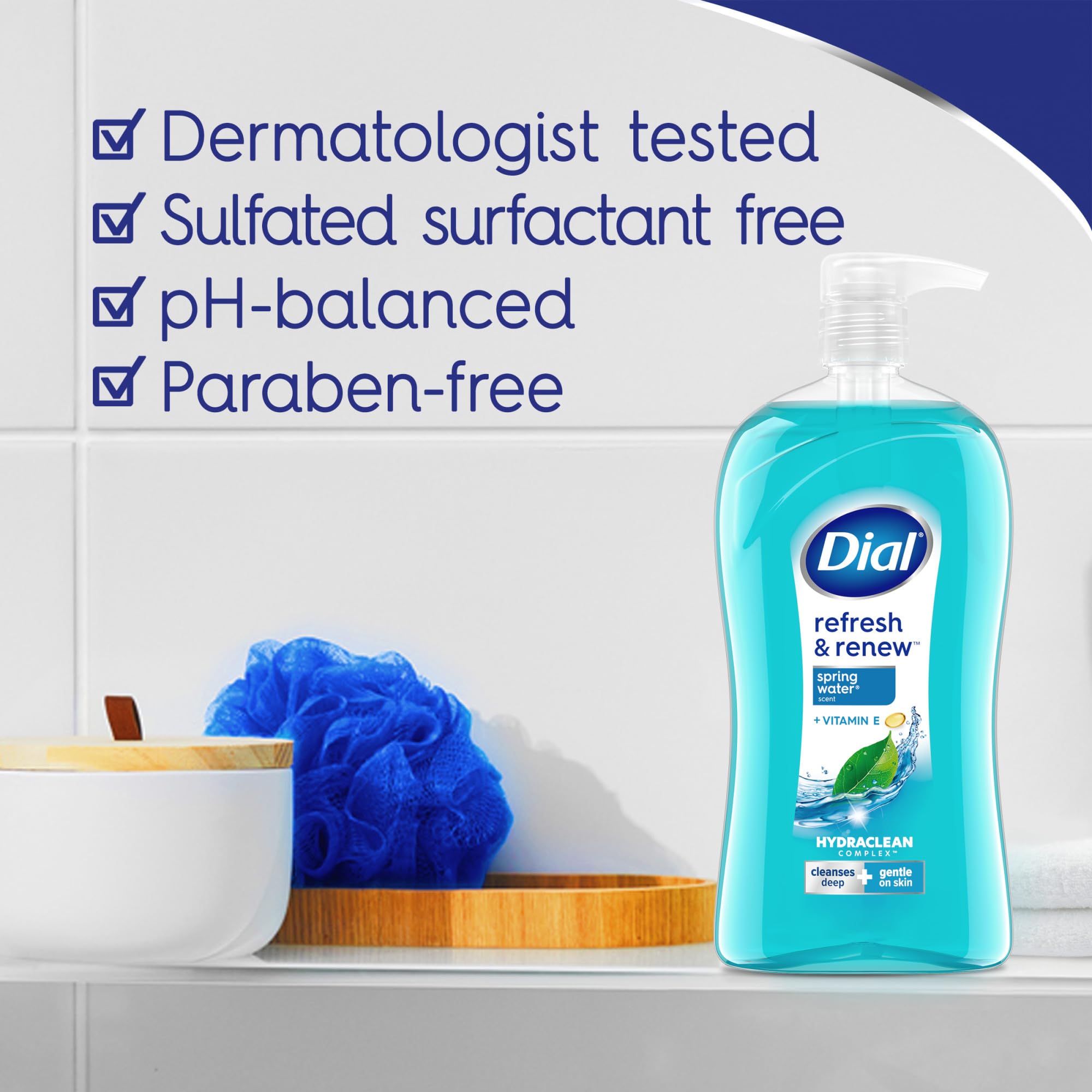 Side profile of 32 fluid ounce Dial body wash bottle