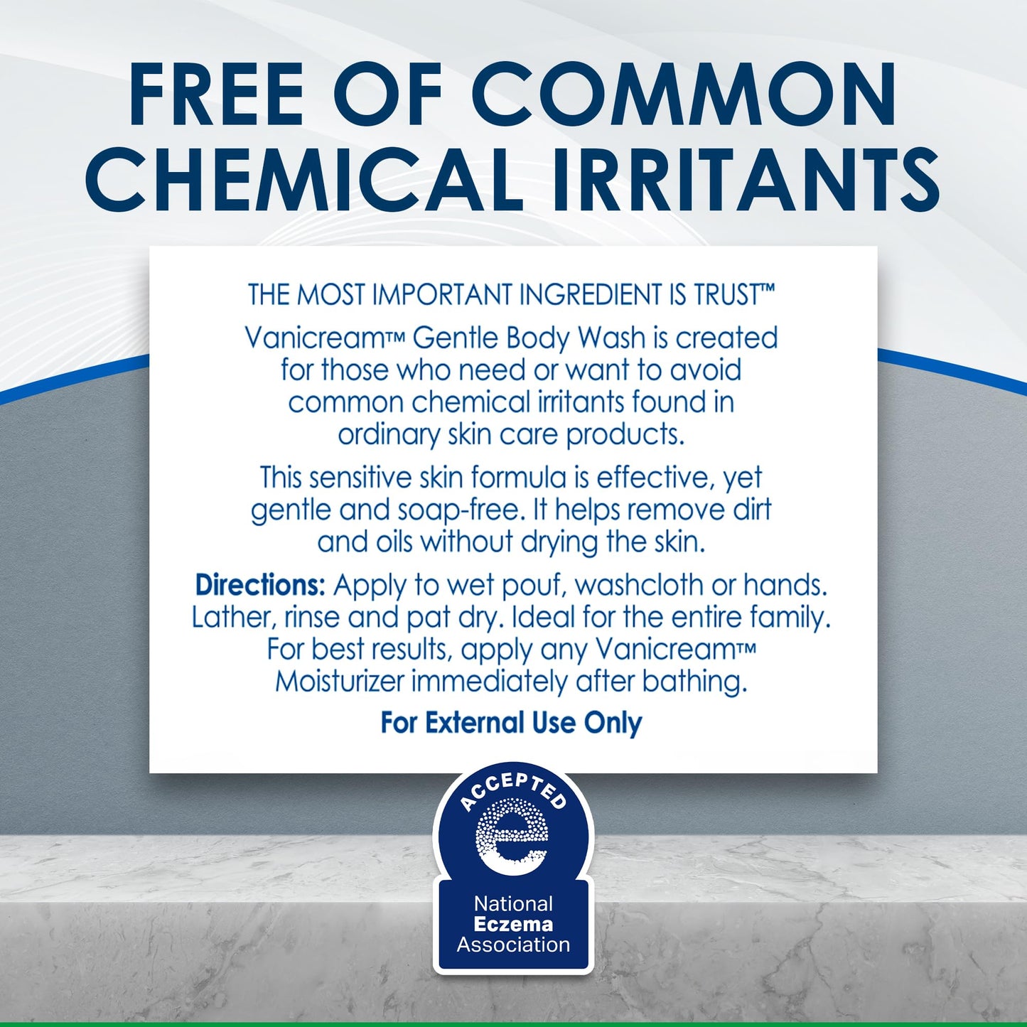 Back label of Vanicream Gentle Body Wash showing dermatologist tested label