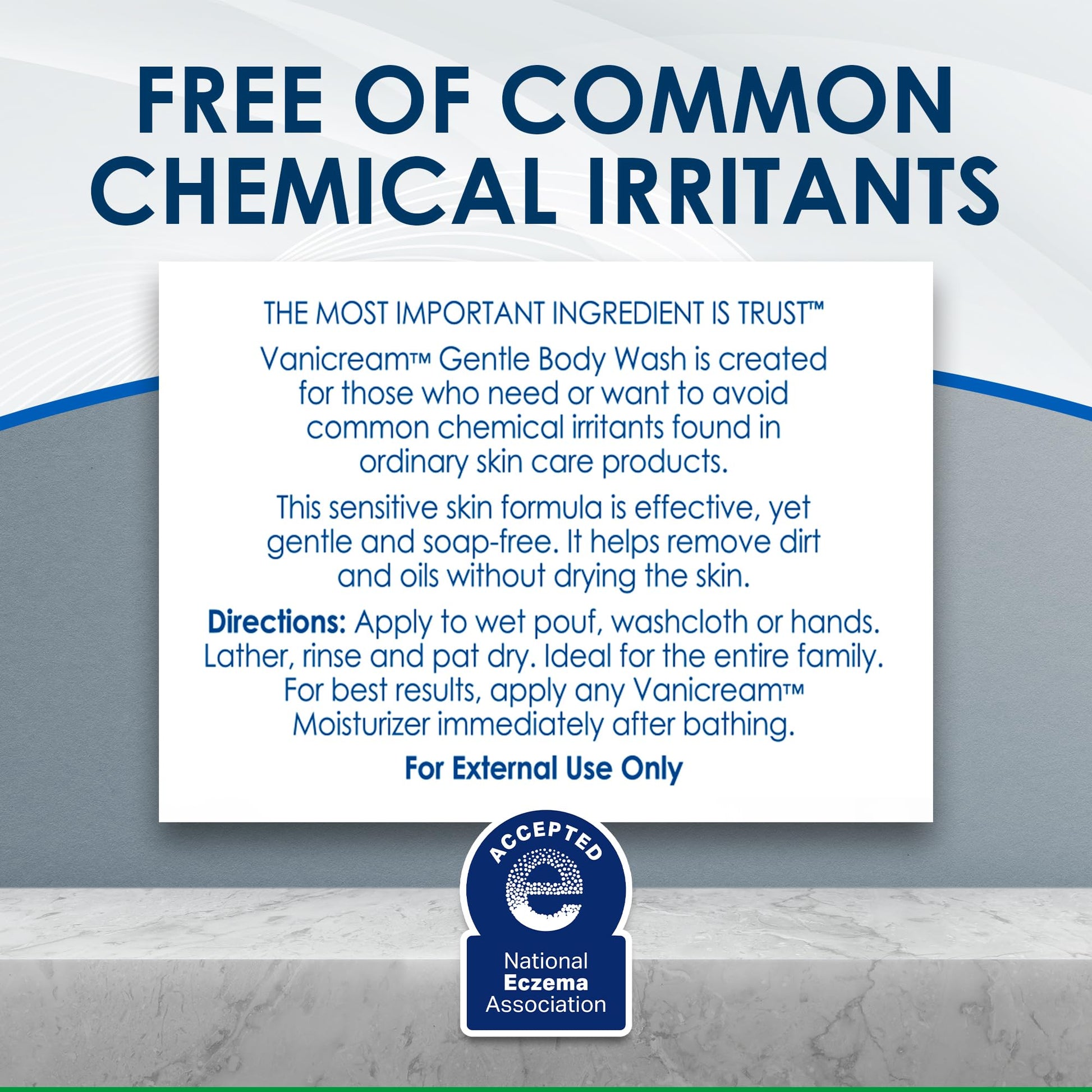 Back label of Vanicream Gentle Body Wash showing dermatologist tested label