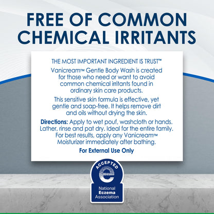 Back label of Vanicream Gentle Body Wash showing dermatologist tested label