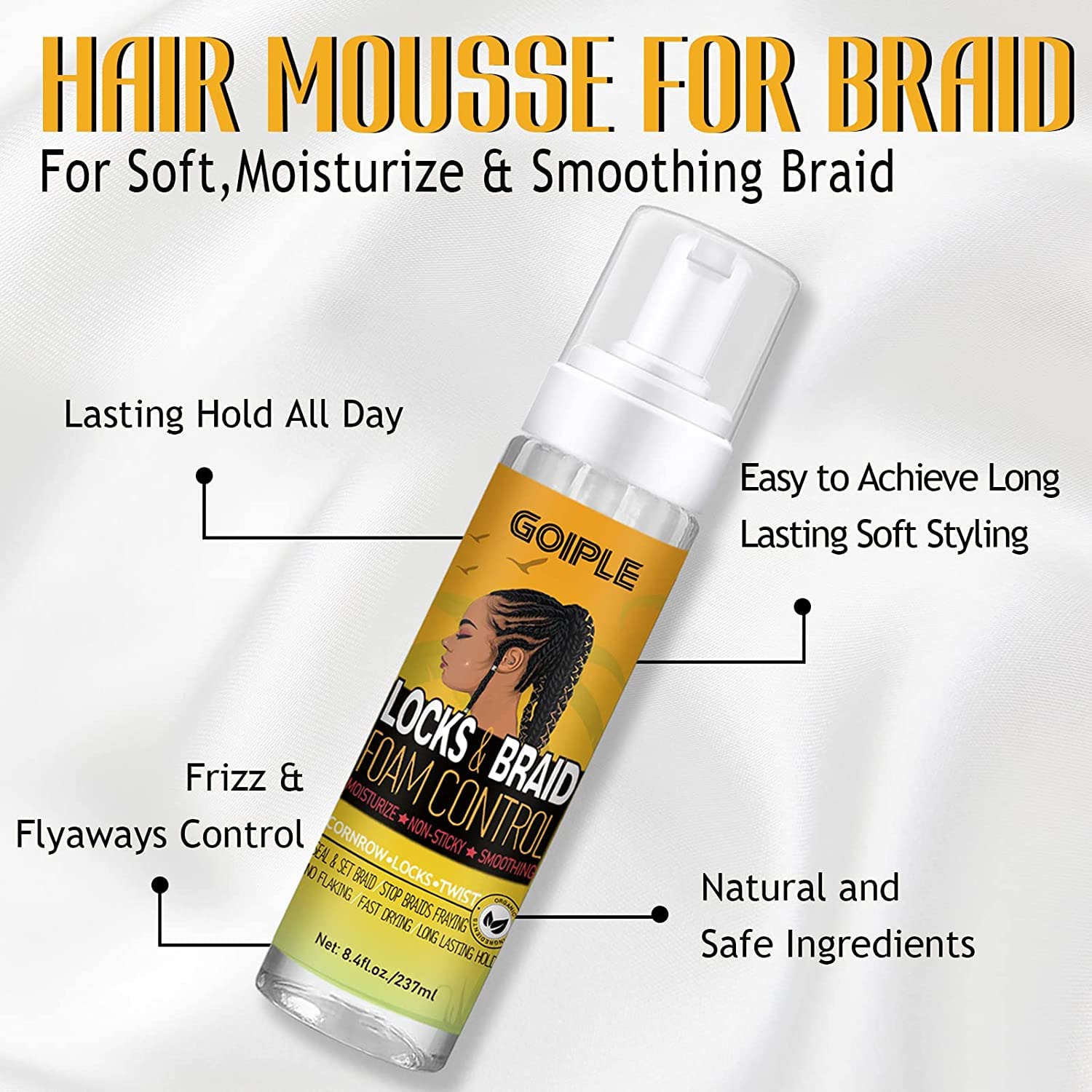 Lightweight hair braiding mousse dispensing onto hands