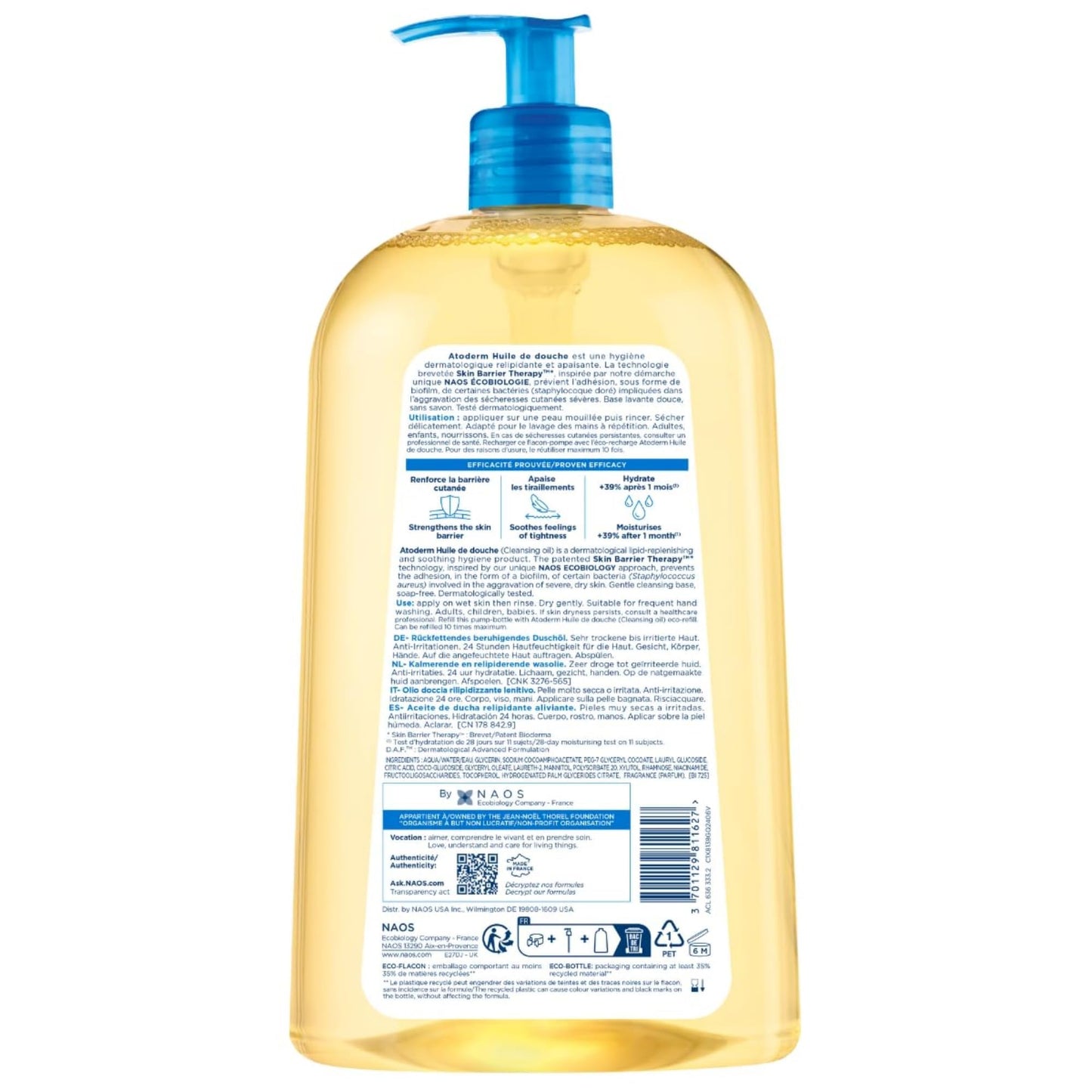 Back label of Bioderma Atoderm shower oil showing ingredients