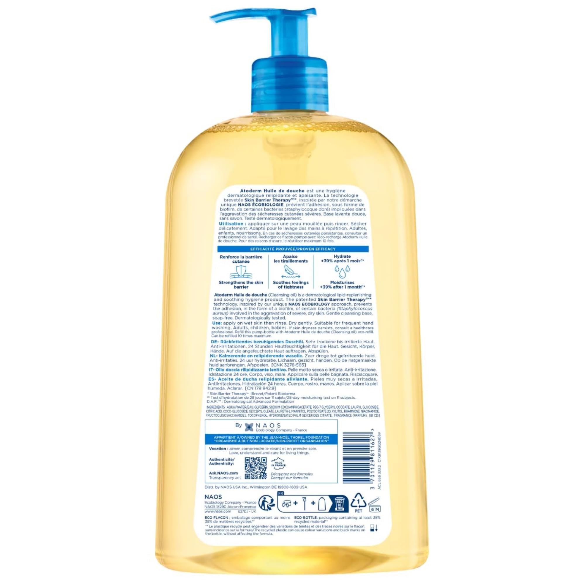 Back label of Bioderma Atoderm shower oil showing ingredients