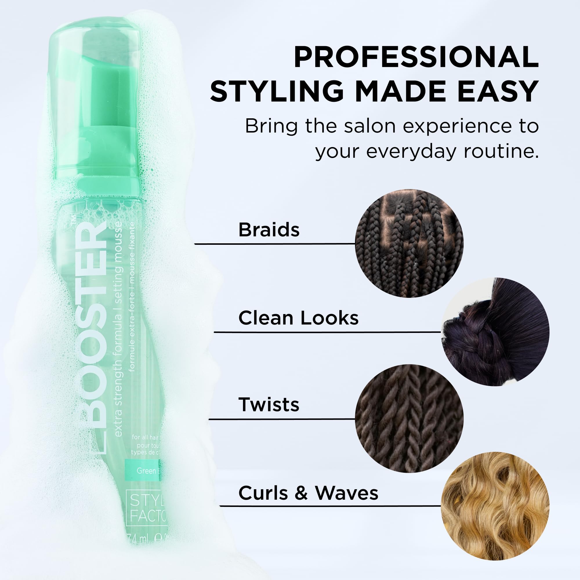 Style Factor setting mousse label detailing rosemary and peppermint oil