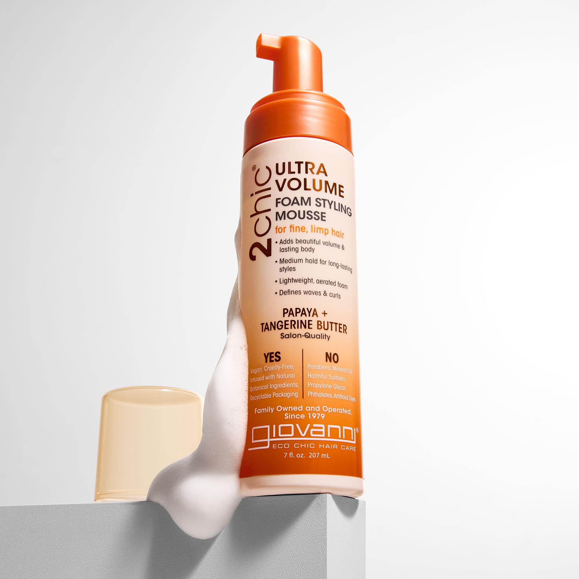 Giovanni 2chic hair foam packaging detailing the tangerine and papaya butter volumizing ingredients.