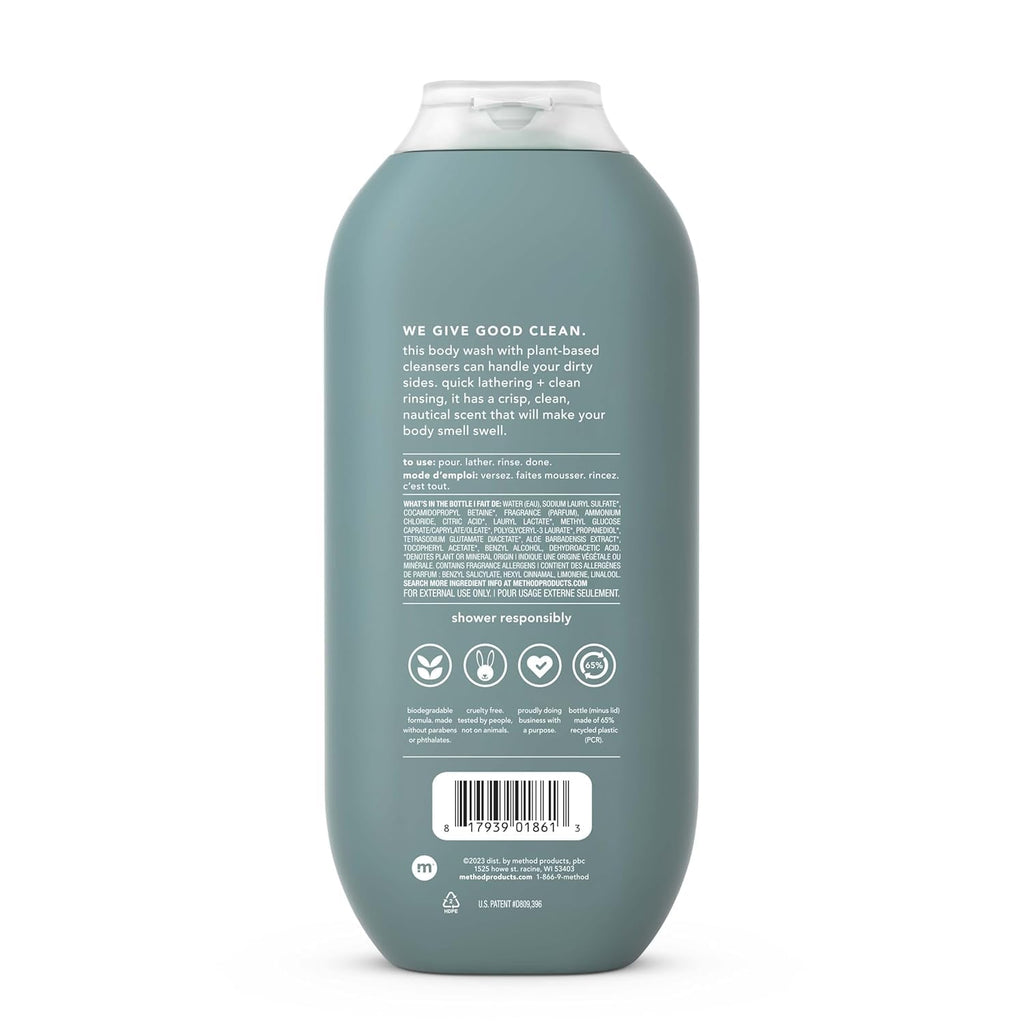 Method Men body wash teal bottle back label details