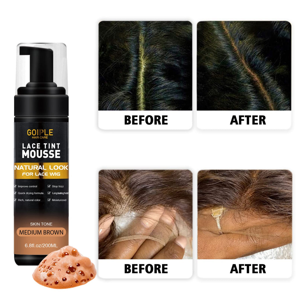 Dense foam texture of medium brown wig tinting mousse on brush