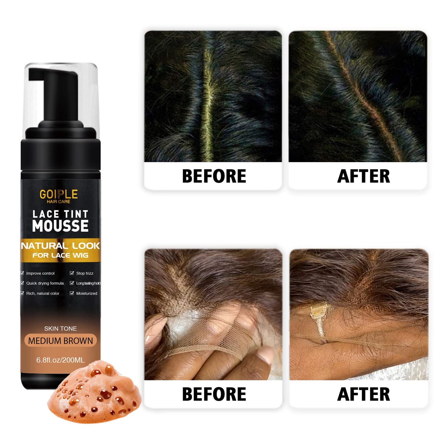 Dense foam texture of medium brown wig tinting mousse on brush