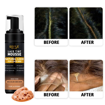 Dense foam texture of medium brown wig tinting mousse on brush