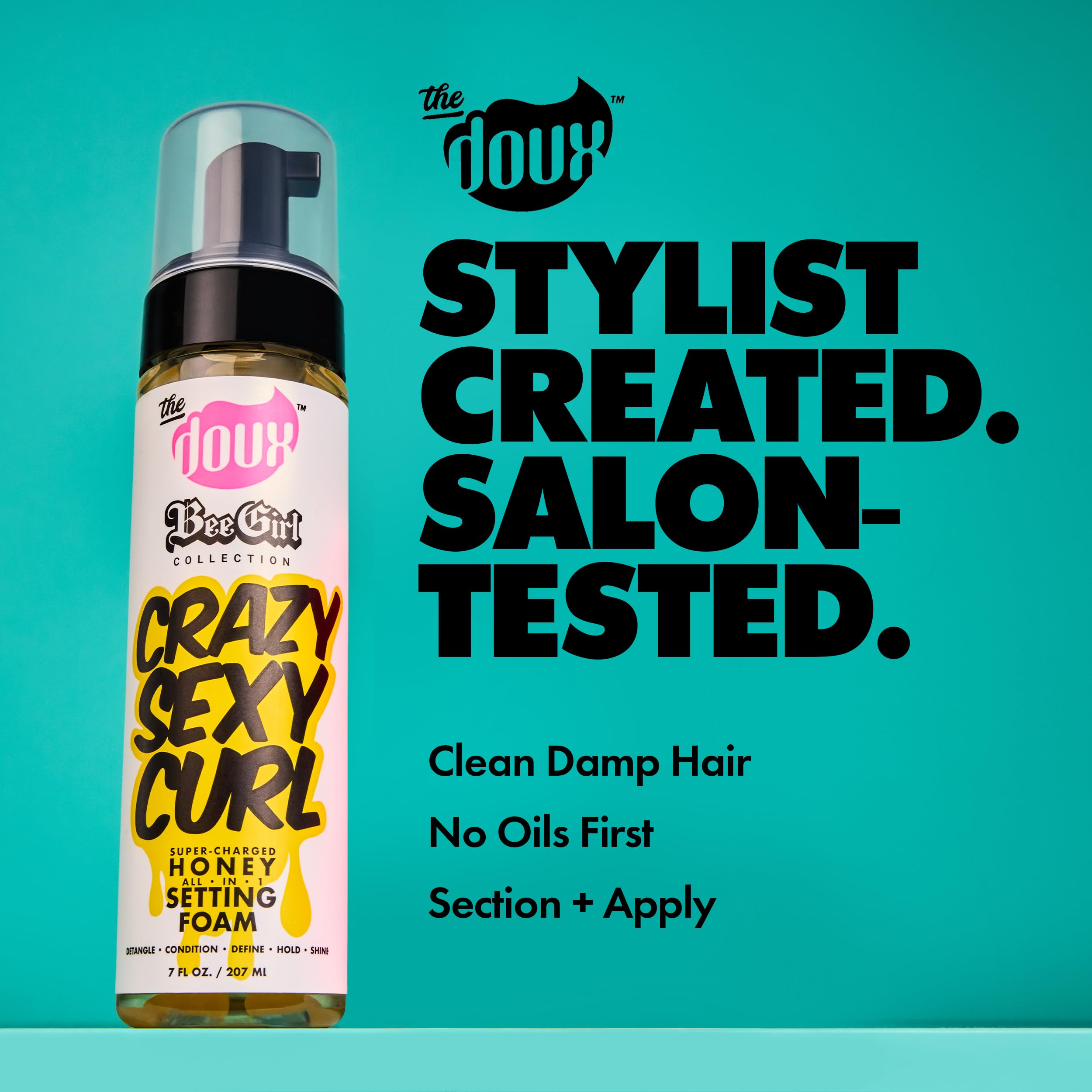 The Doux Bee Girl all in one mousse bottle showing directions and ingredients