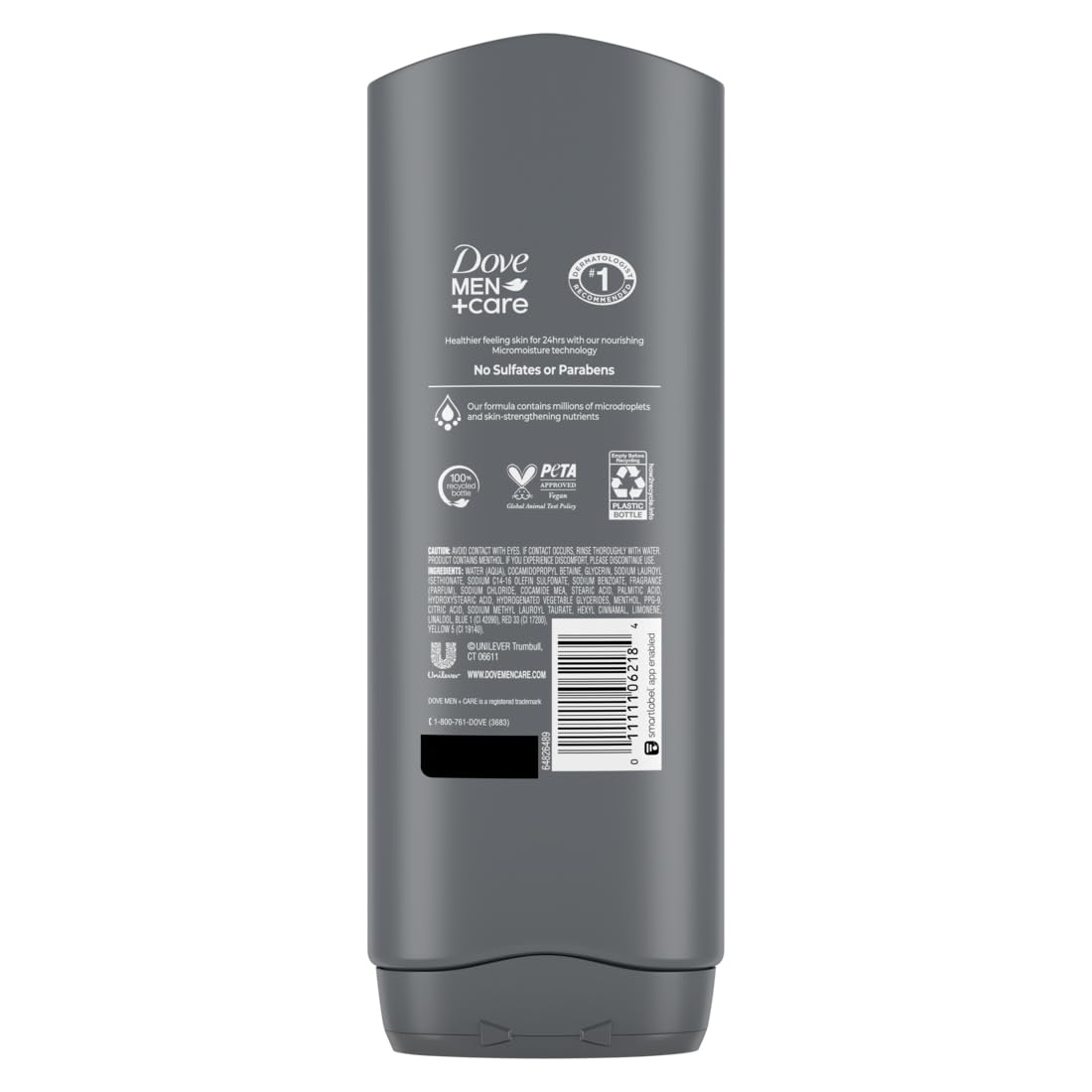 Close up of Dove Men Plus Care body wash bottle label