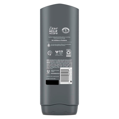 Close up of Dove Men Plus Care body wash bottle label