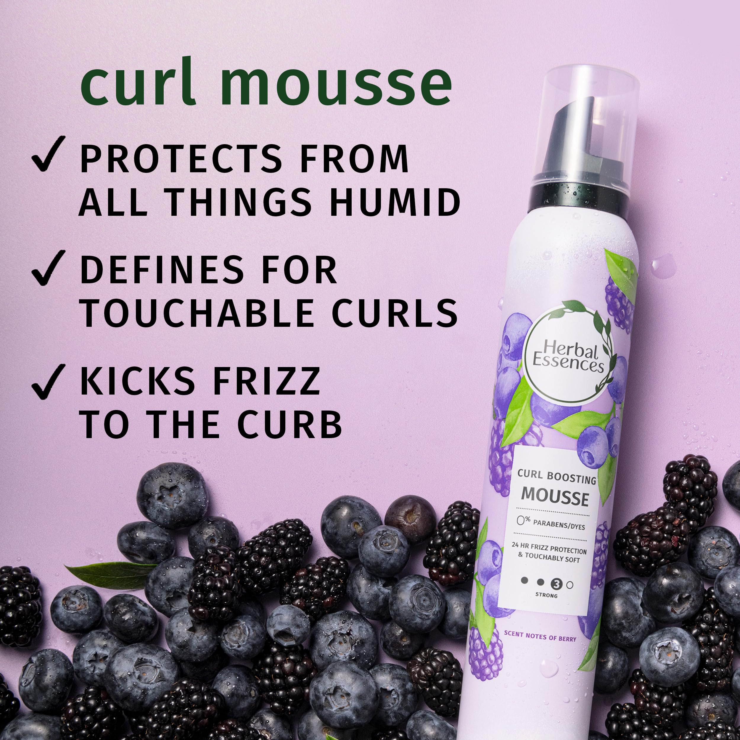 Herbal Essences frizz control hair foam bottles displaying berry scent feature