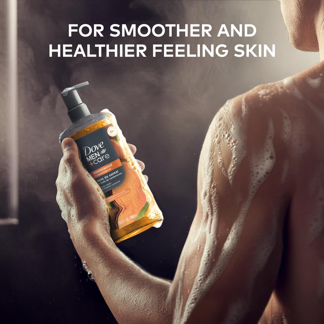 Back label of Dove Men Plus Care body wash with ingredients