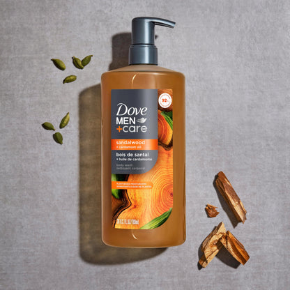 Men refreshing in shower with Dove Men Plus Care body wash