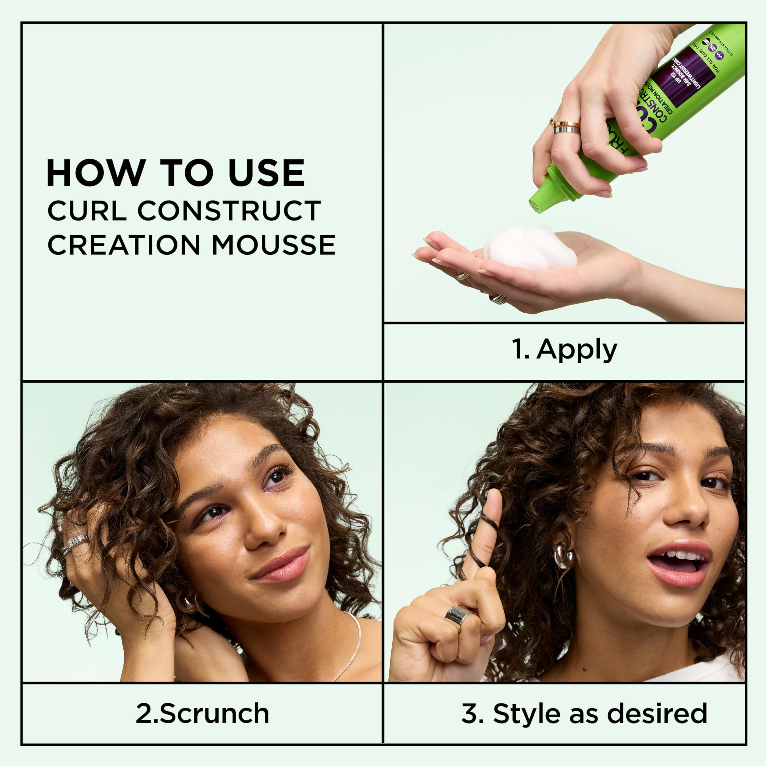 Garnier Fructis green aluminum bottle styling mousse for defining waves and coily hair patterns.