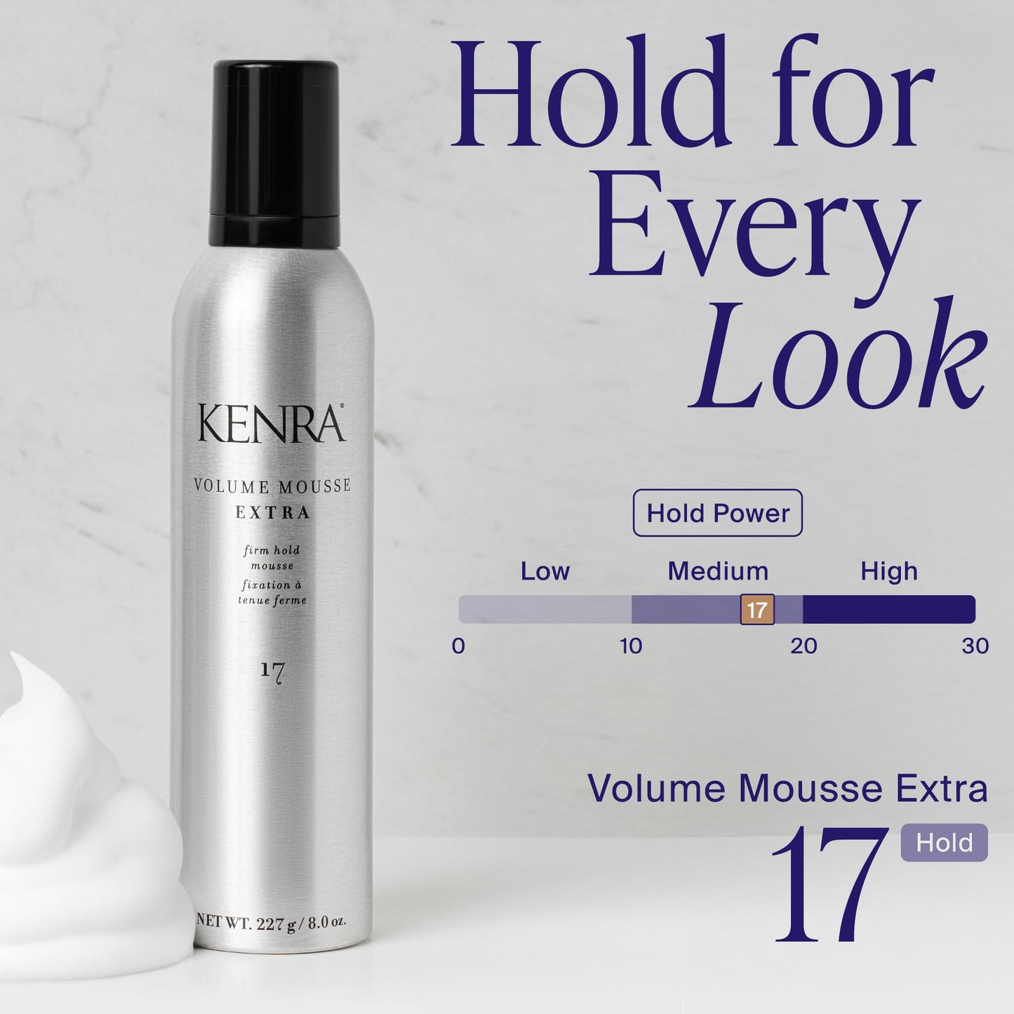 Back label of Kenra Extra Volume Mousse showing instructions and ingredients list