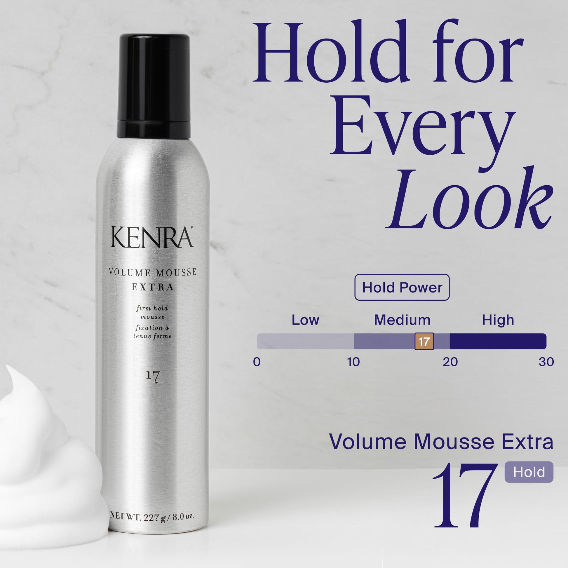 Back label of Kenra Extra Volume Mousse showing instructions and ingredients list