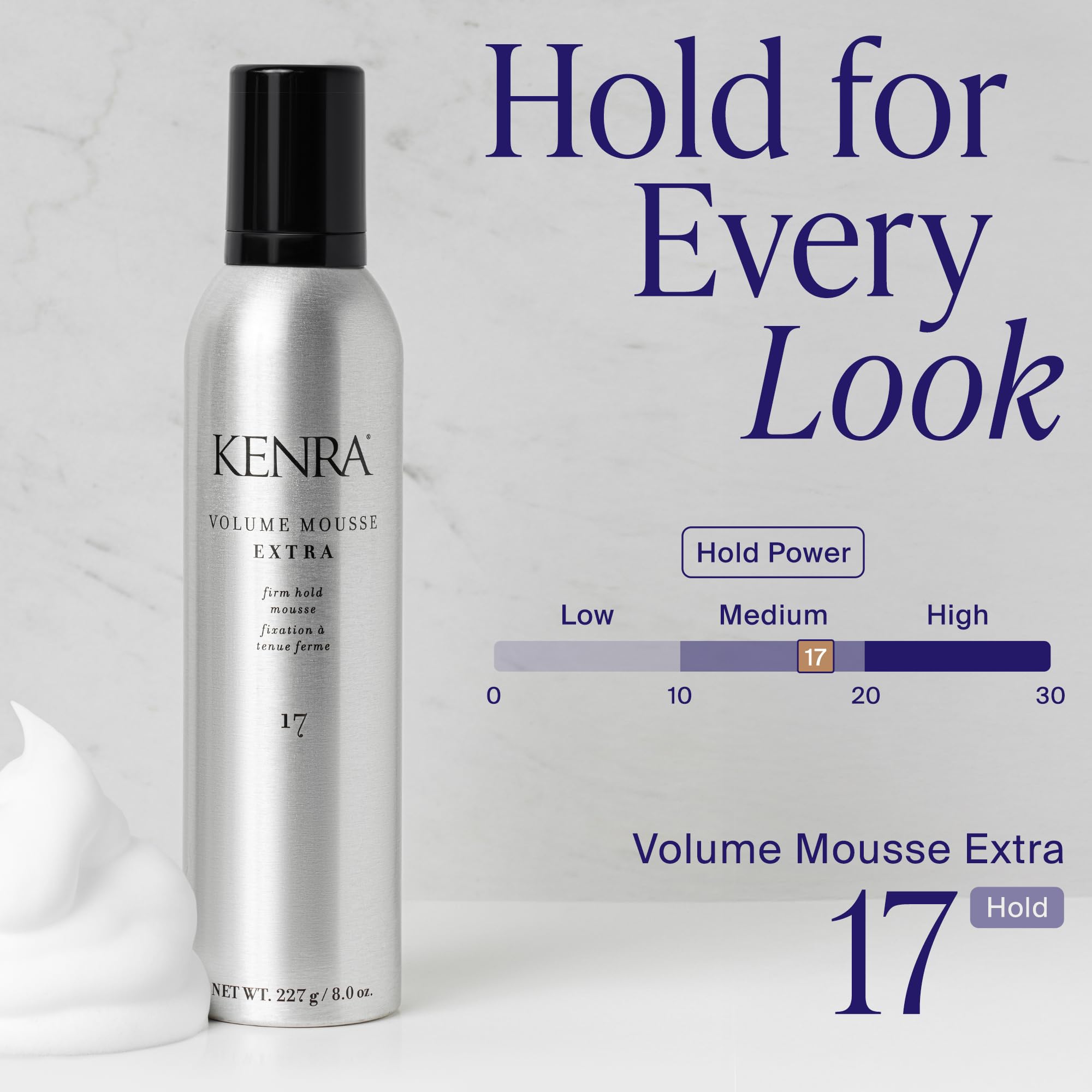 Back label of Kenra Extra Volume Mousse showing instructions and ingredients list