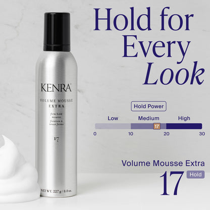 Back label of Kenra Extra Volume Mousse showing instructions and ingredients list