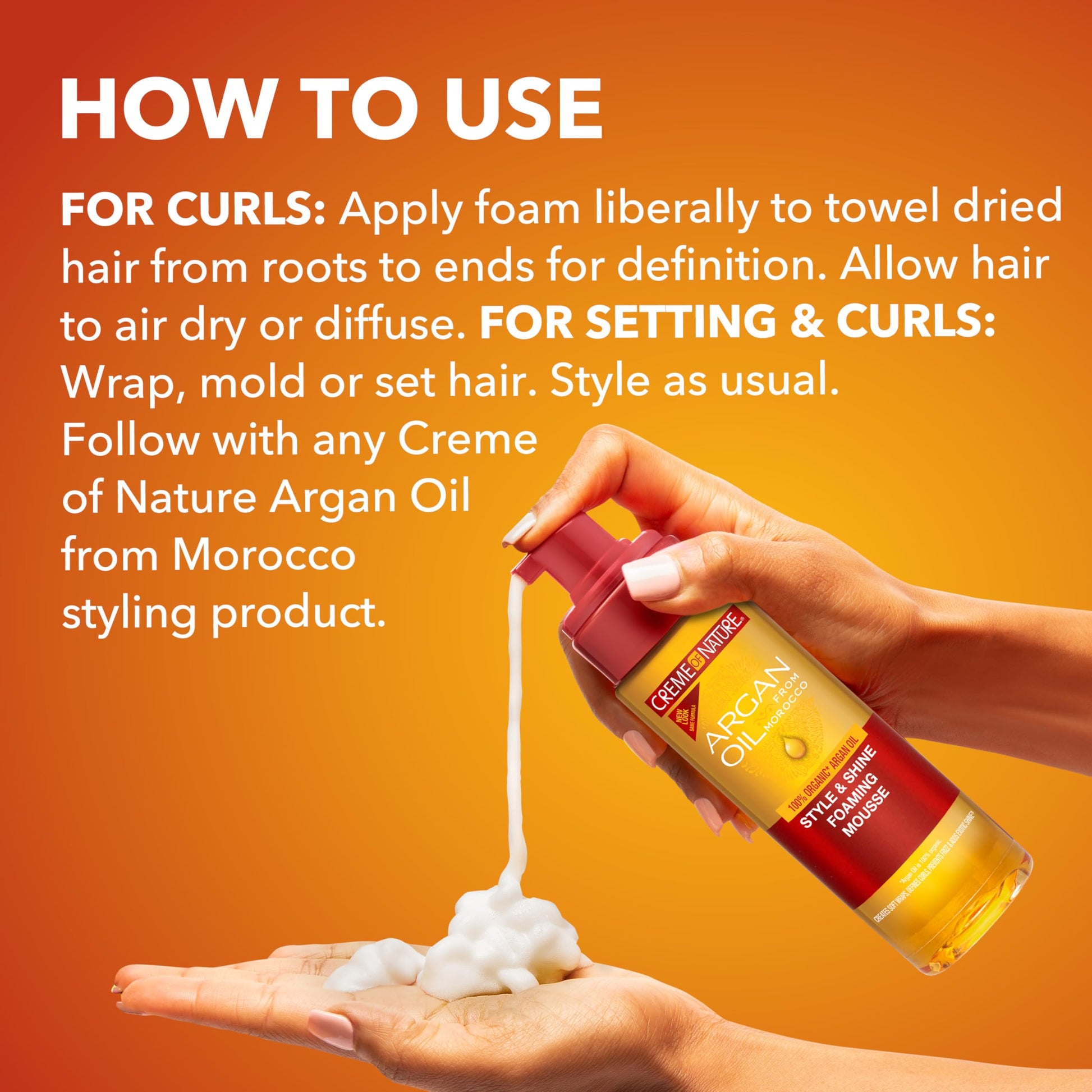 Nourishing Moroccan argan oil hair mousse for defined curls and exotic shine.