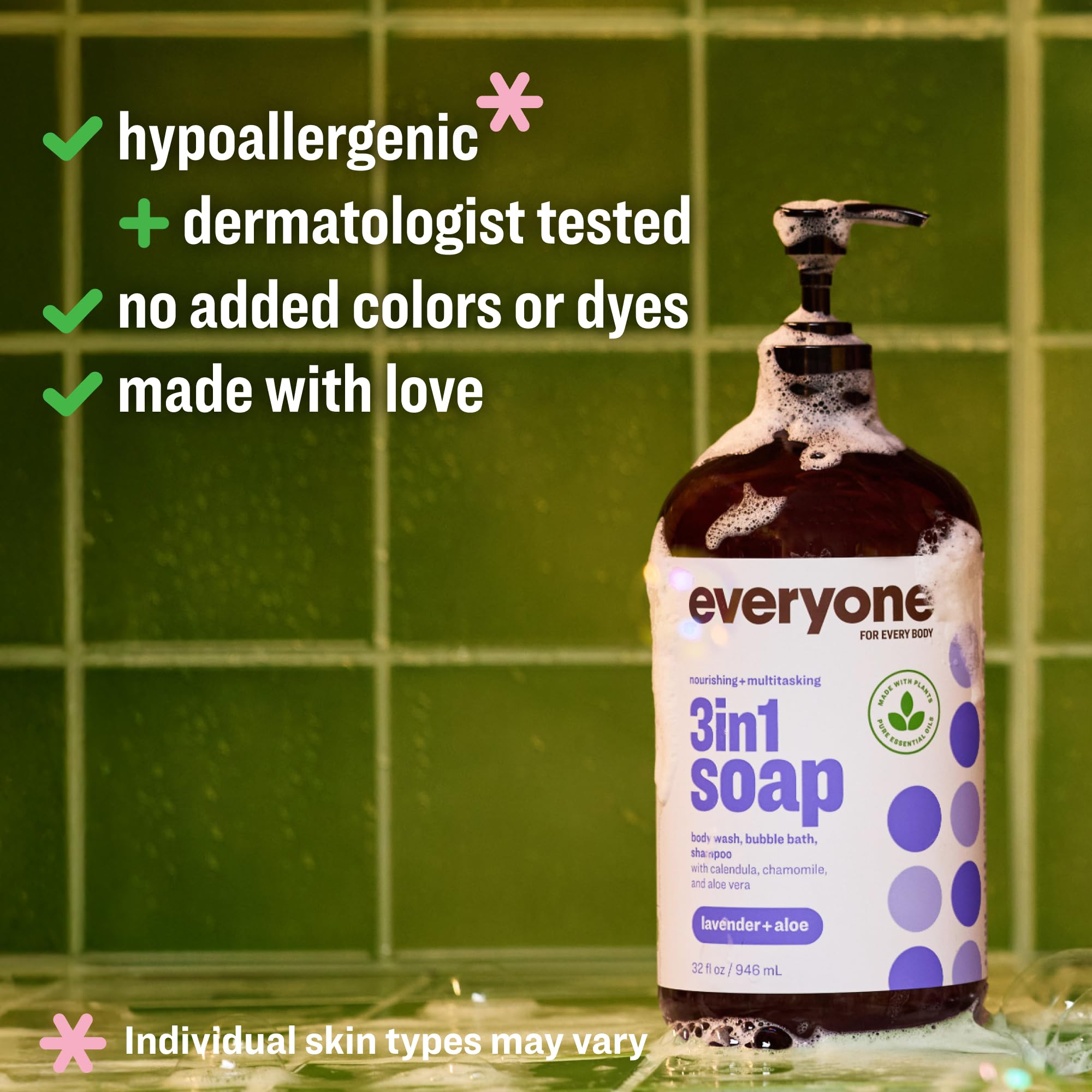 Close up of Lavender and Aloe 3-in-1 soap label and pump