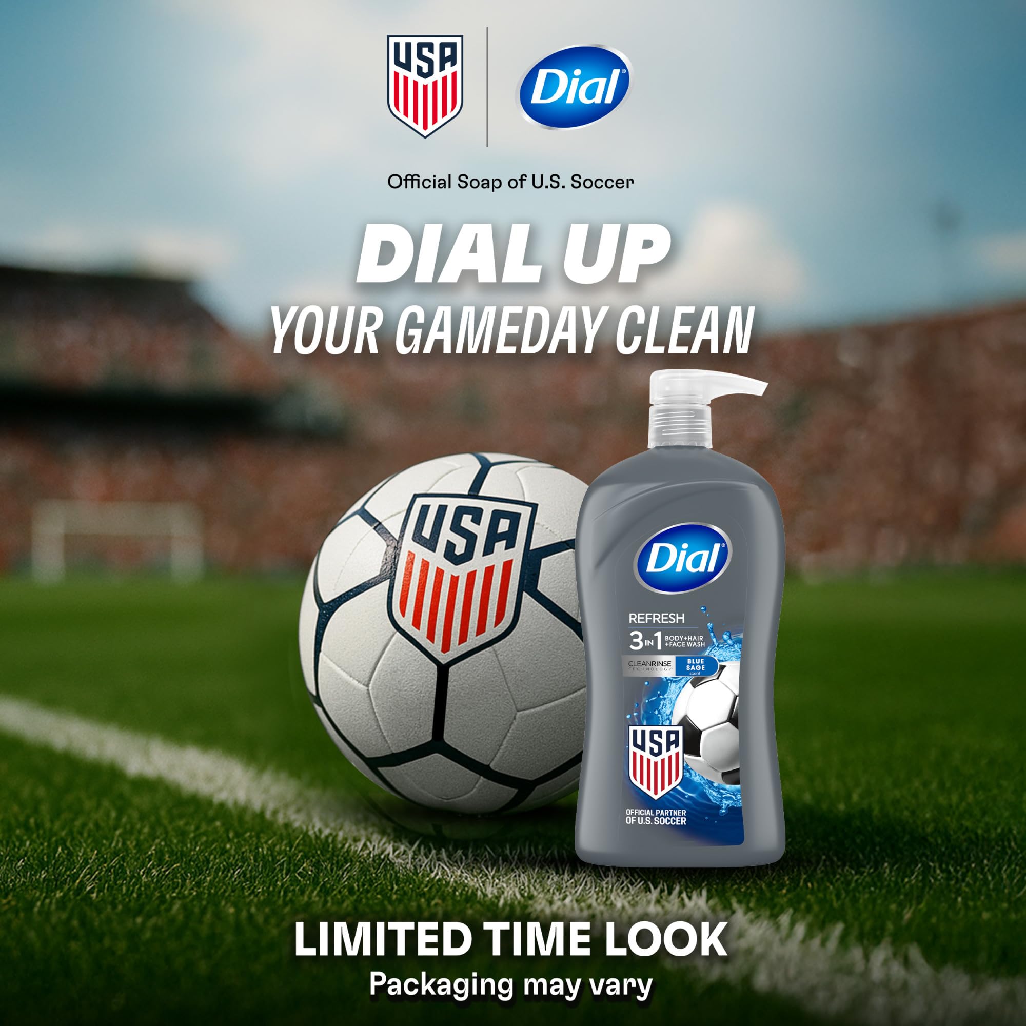 Dial Men 32 fluid ounce bottle showing 3-in-1 benefits.