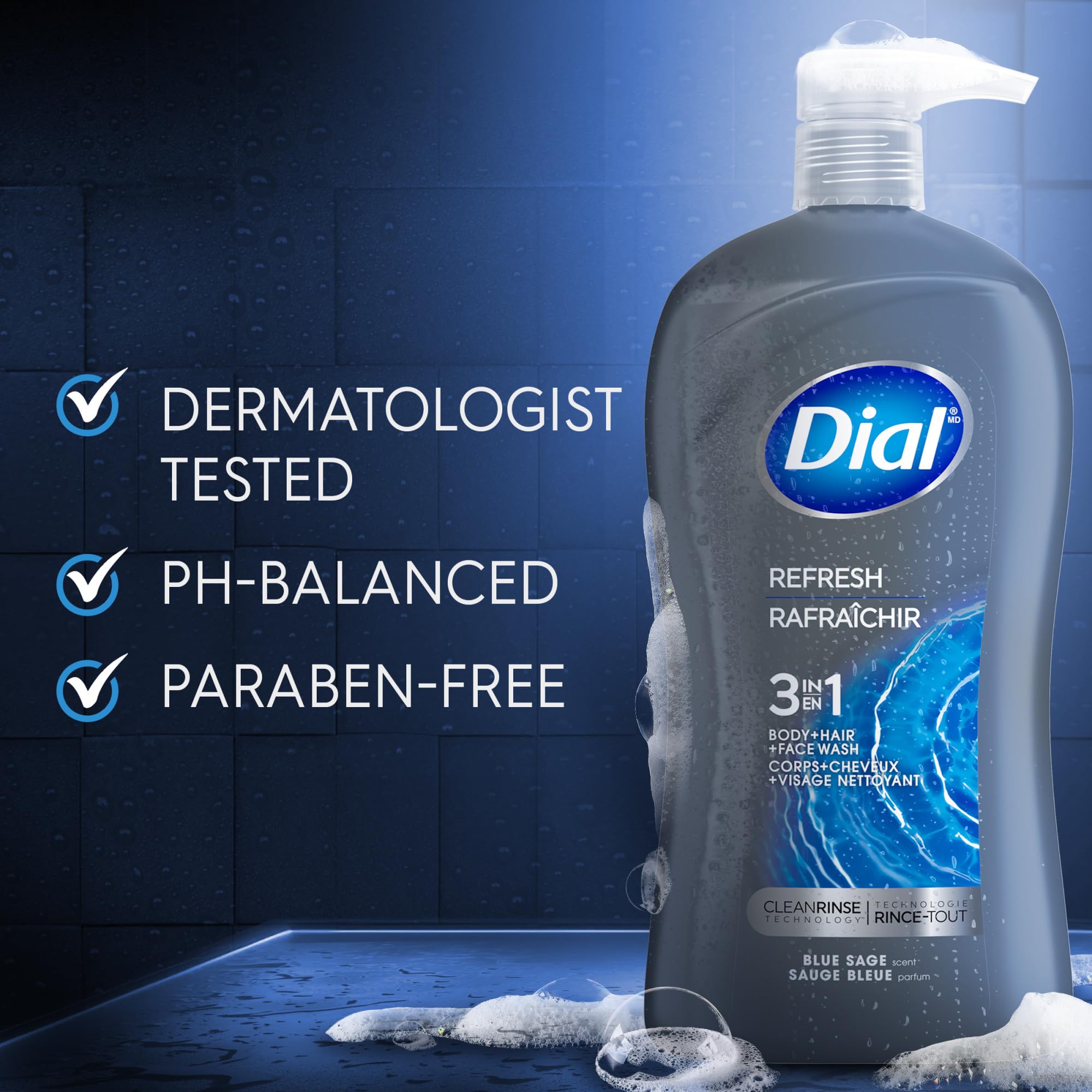 Close up of Dial Men Hydro Fresh bottle texture and branding.