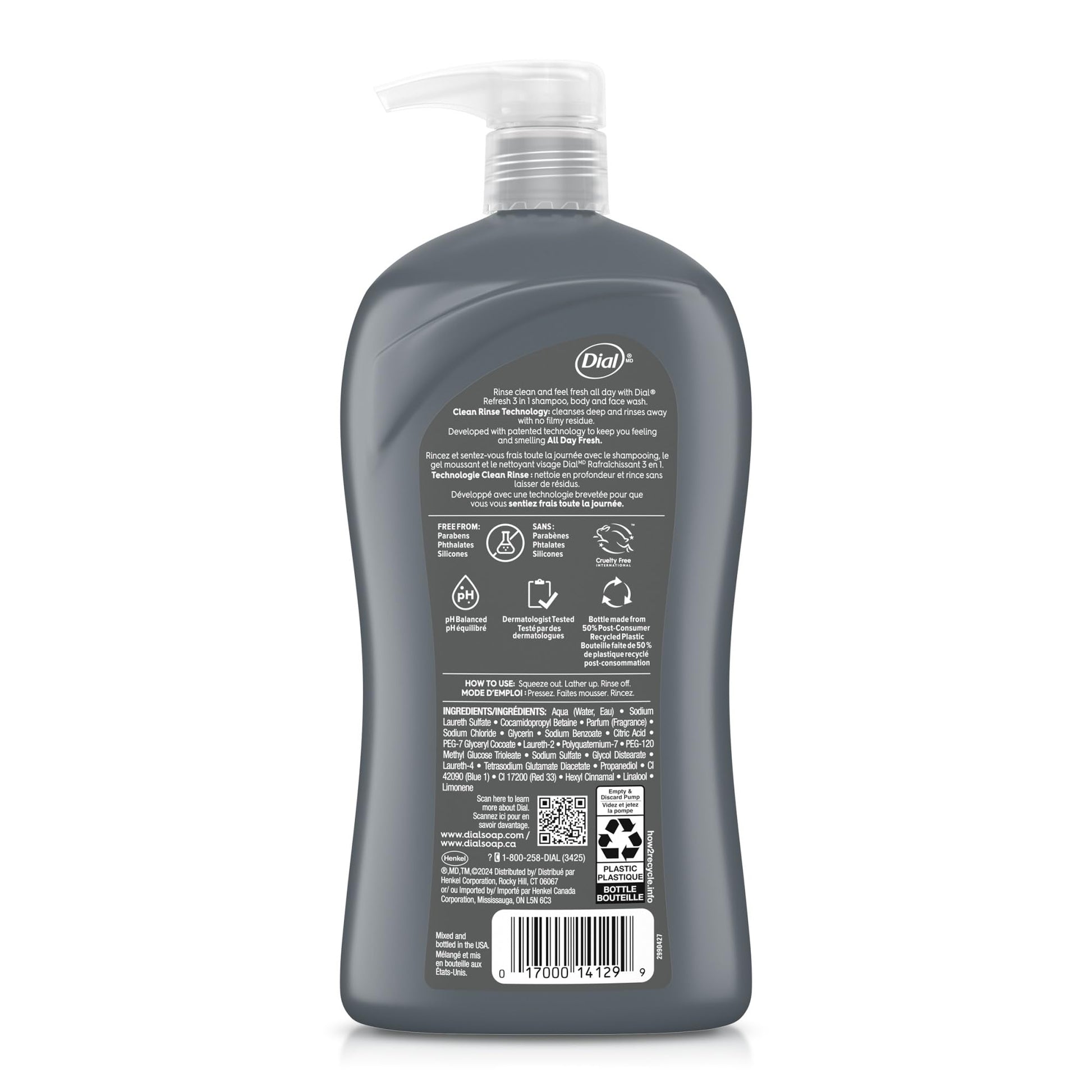 Side profile of Dial Men 32 fluid ounce bottle.