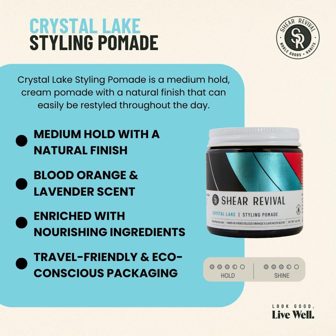 Shear Revival medium hold natural finish water based pomade open container displaying cream texture