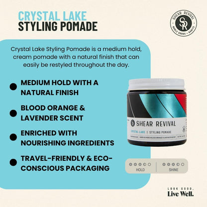 Shear Revival medium hold natural finish water based pomade open container displaying cream texture