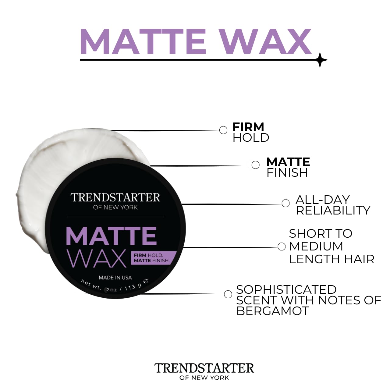 TRENDSTARTER firm hold hair pomade container base showcasing product instructions
