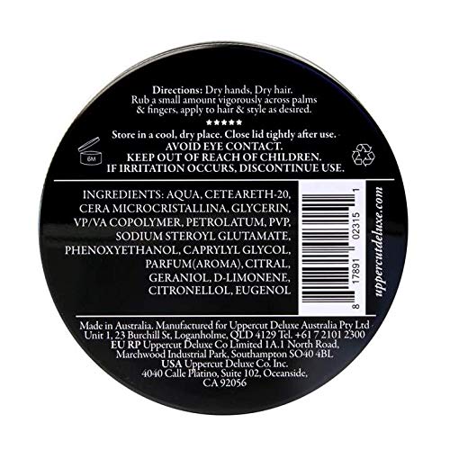 Uppercut Deluxe Featherweight fiber pomade open tin showing matte styling cream texture