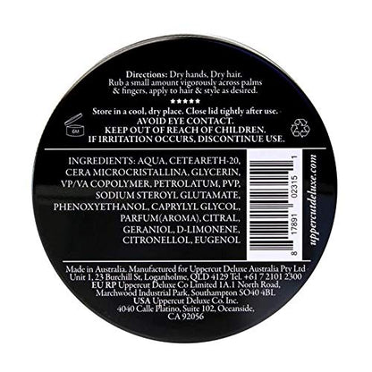 Uppercut Deluxe Featherweight fiber pomade open tin showing matte styling cream texture