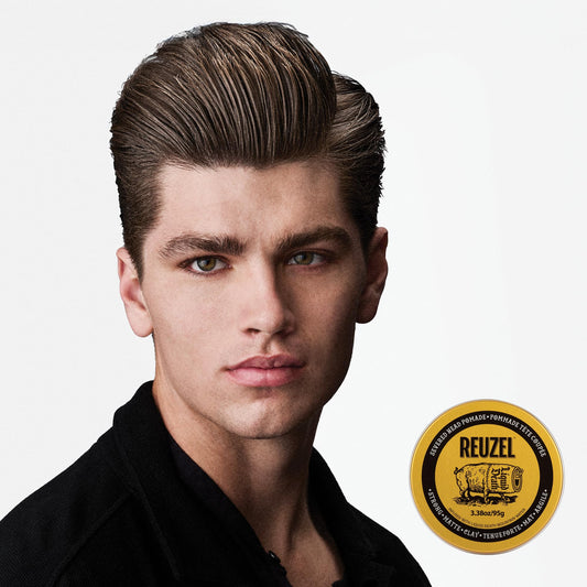Reuzel and Liquid Death collaboration strong hold hair clay for men side angle packaging