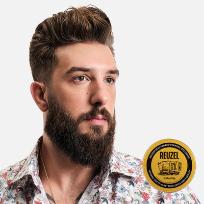 Strong hold matte finish hair wax by Reuzel for textured hairstyles close up look