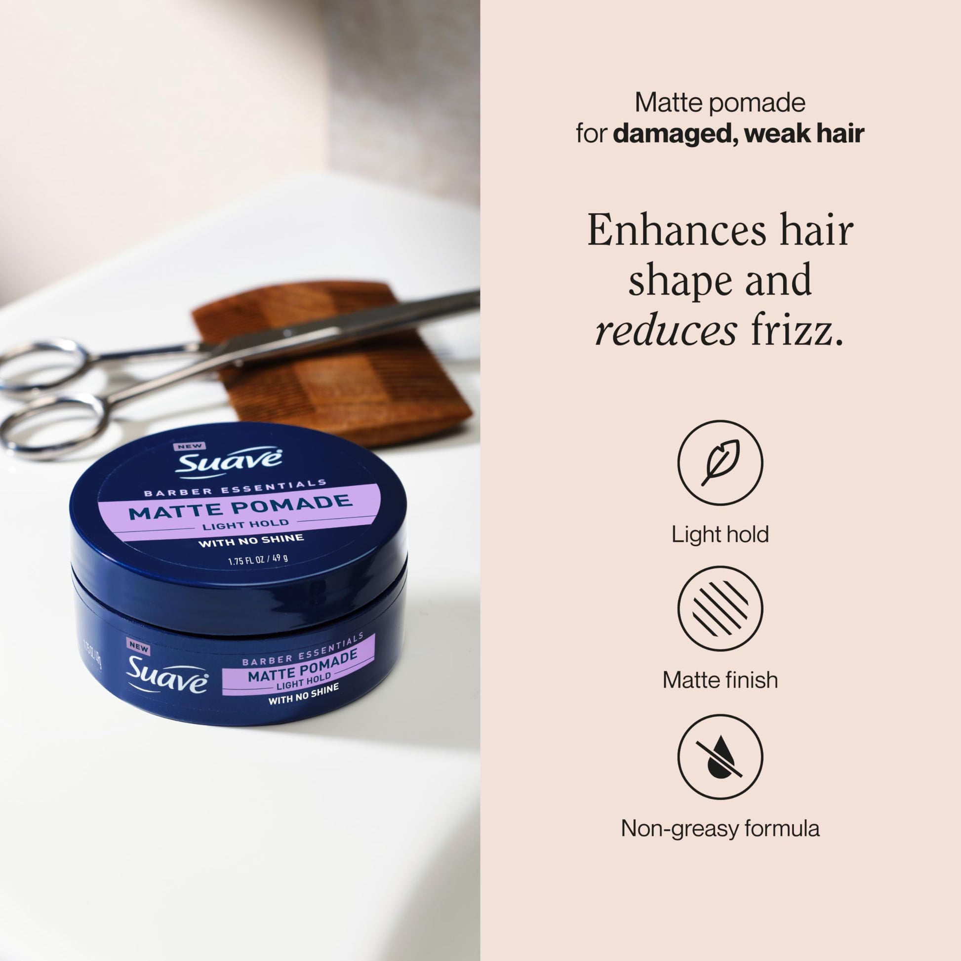 Suave light hold no shine hair pomade for men texture close up.