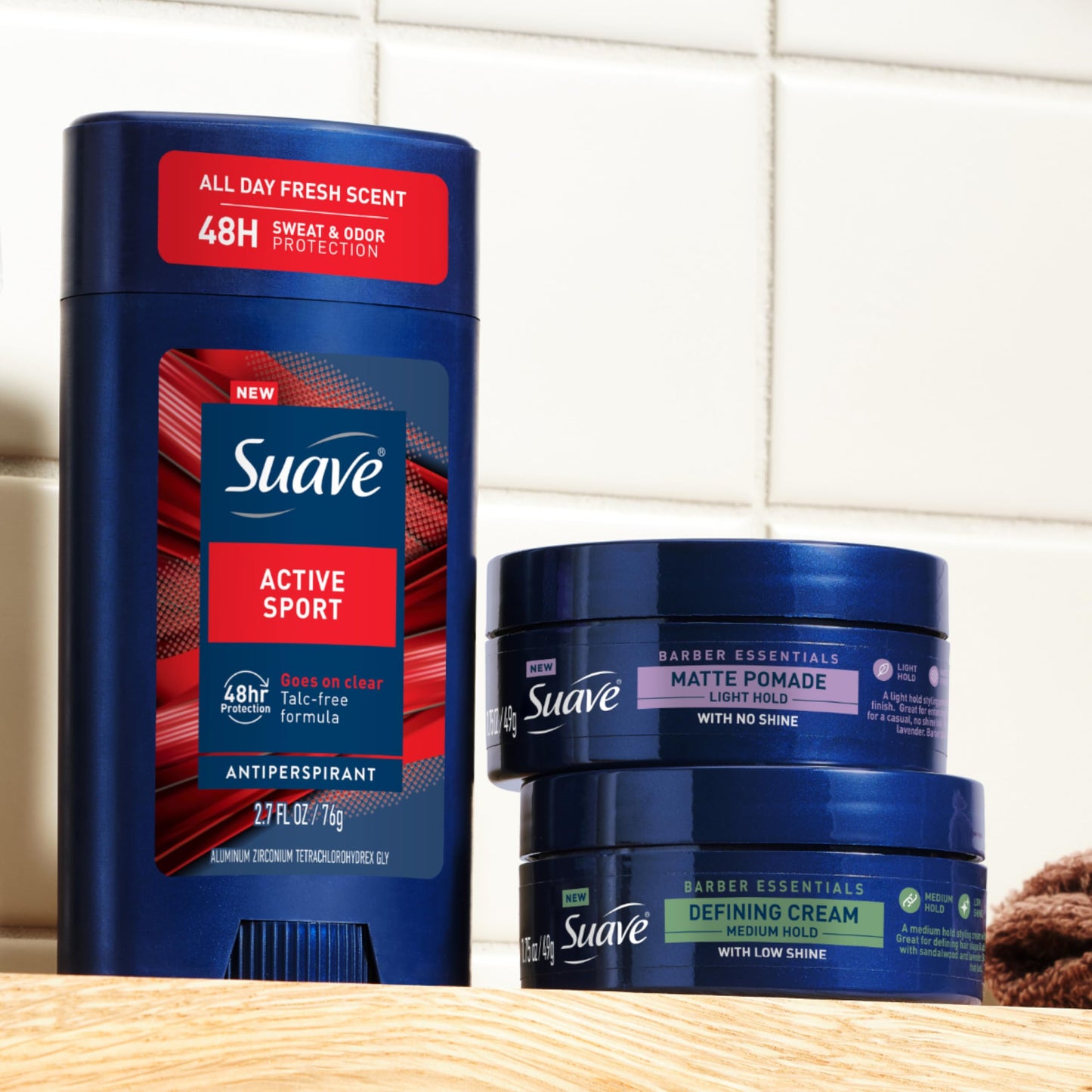Suave flexible hold men's grooming pomade top lid overview.