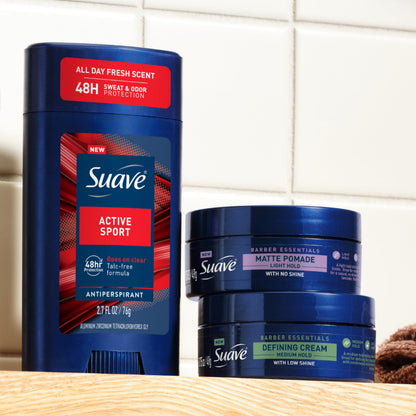 Suave flexible hold men's grooming pomade top lid overview.