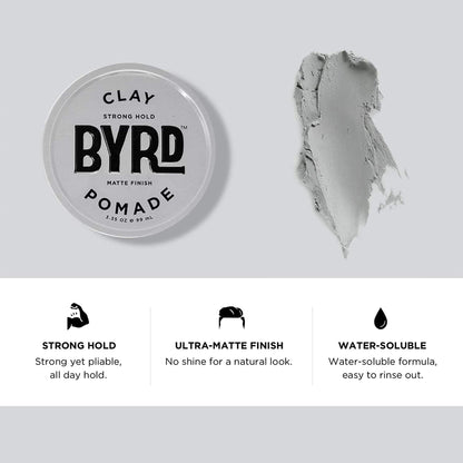 BYRD matte pomade strong hold hair clay wax formula container open lid