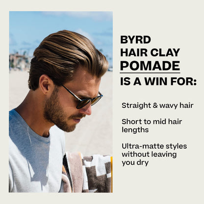 Authentic imported BYRD grooming clay pomade for men top view styling product